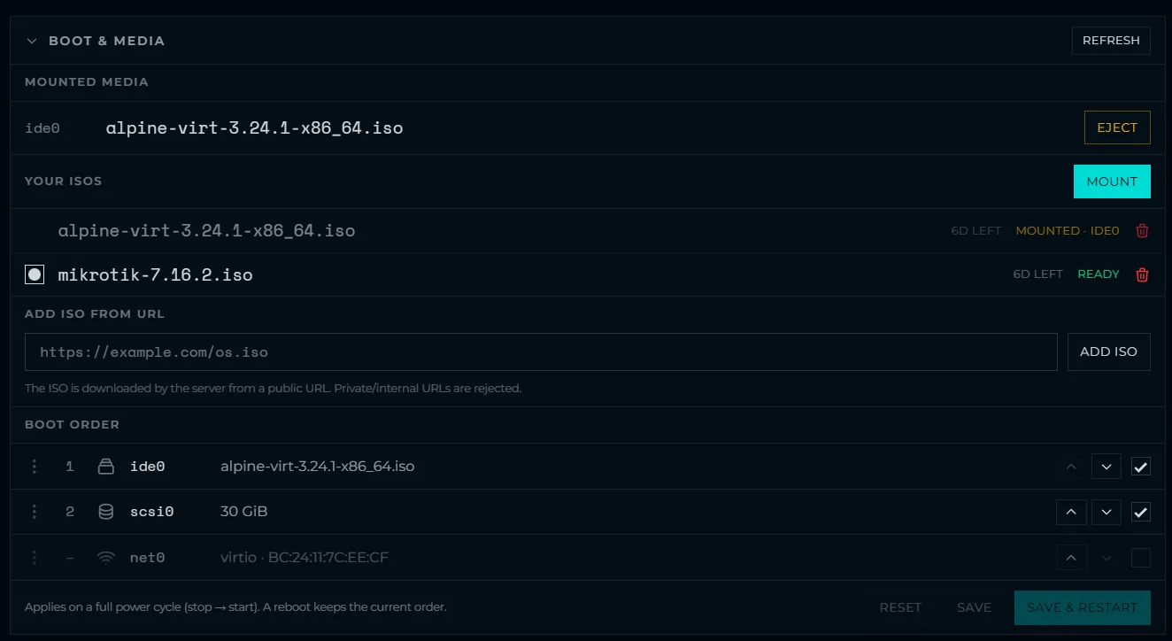 1337 Hosting control panel: custom ISO upload, mounted media and a boot order the customer sets