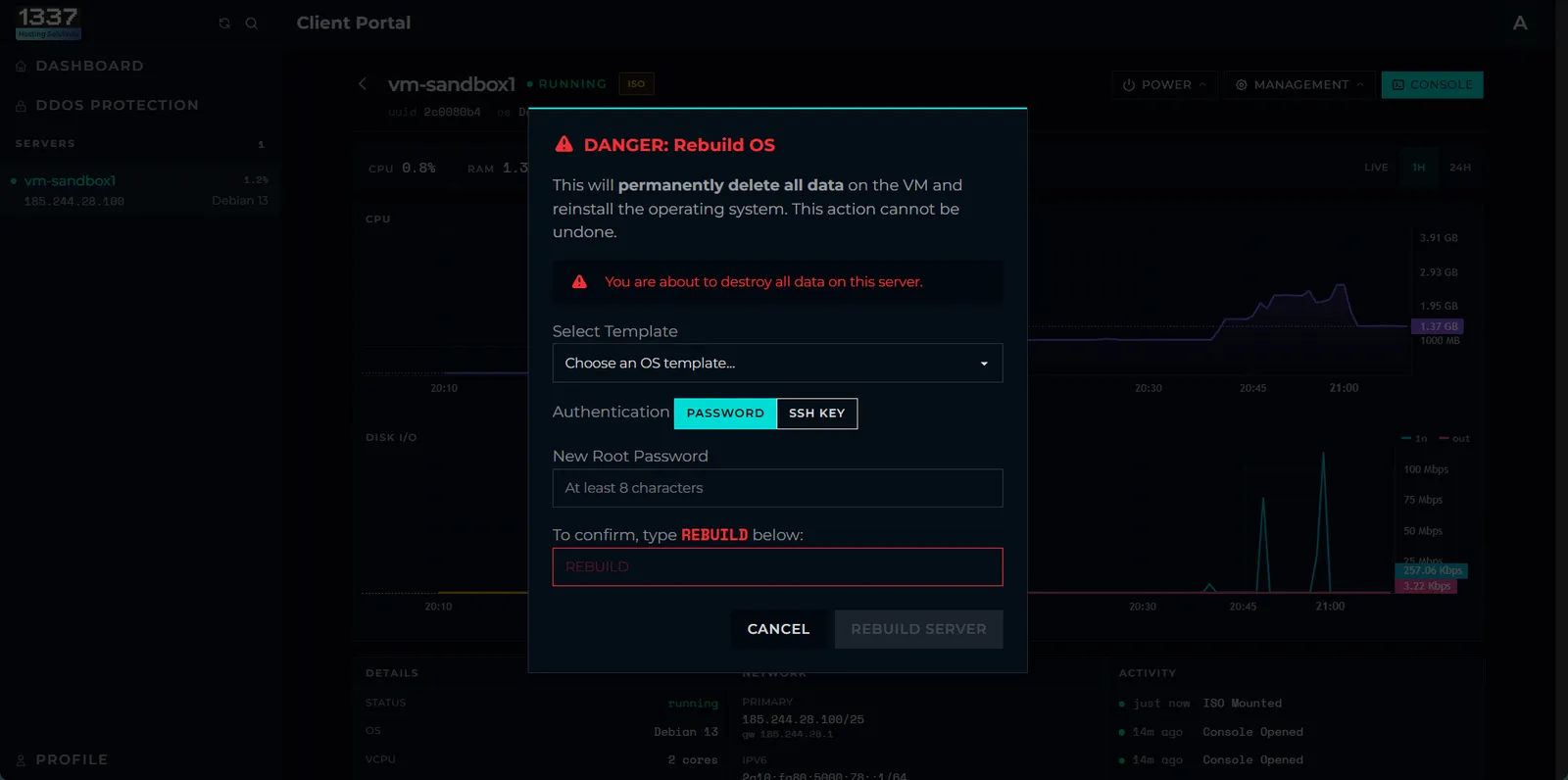 1337 Hosting control panel: OS rebuild dialog with template picker and typed confirmation