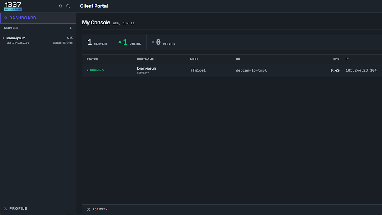 1337 Hosting control panel — server overview