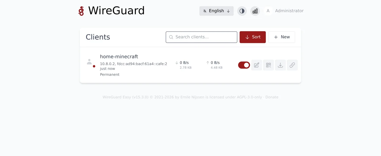 The home-server client in the wg-easy dashboard, with its tunnel IP