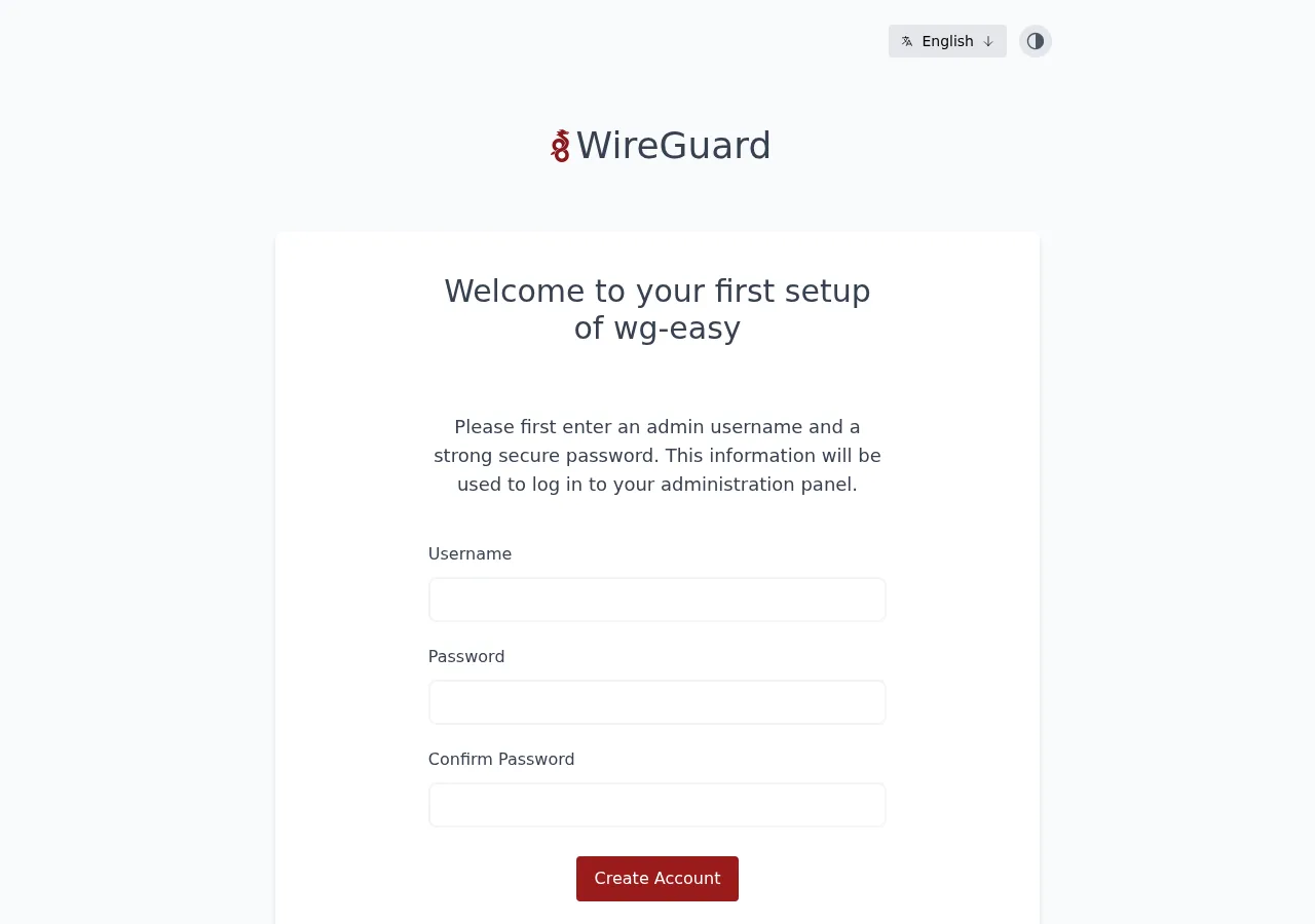 wg-easy create-account screen on first run