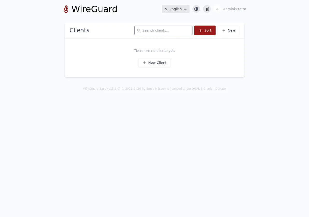 Empty wg-easy client dashboard