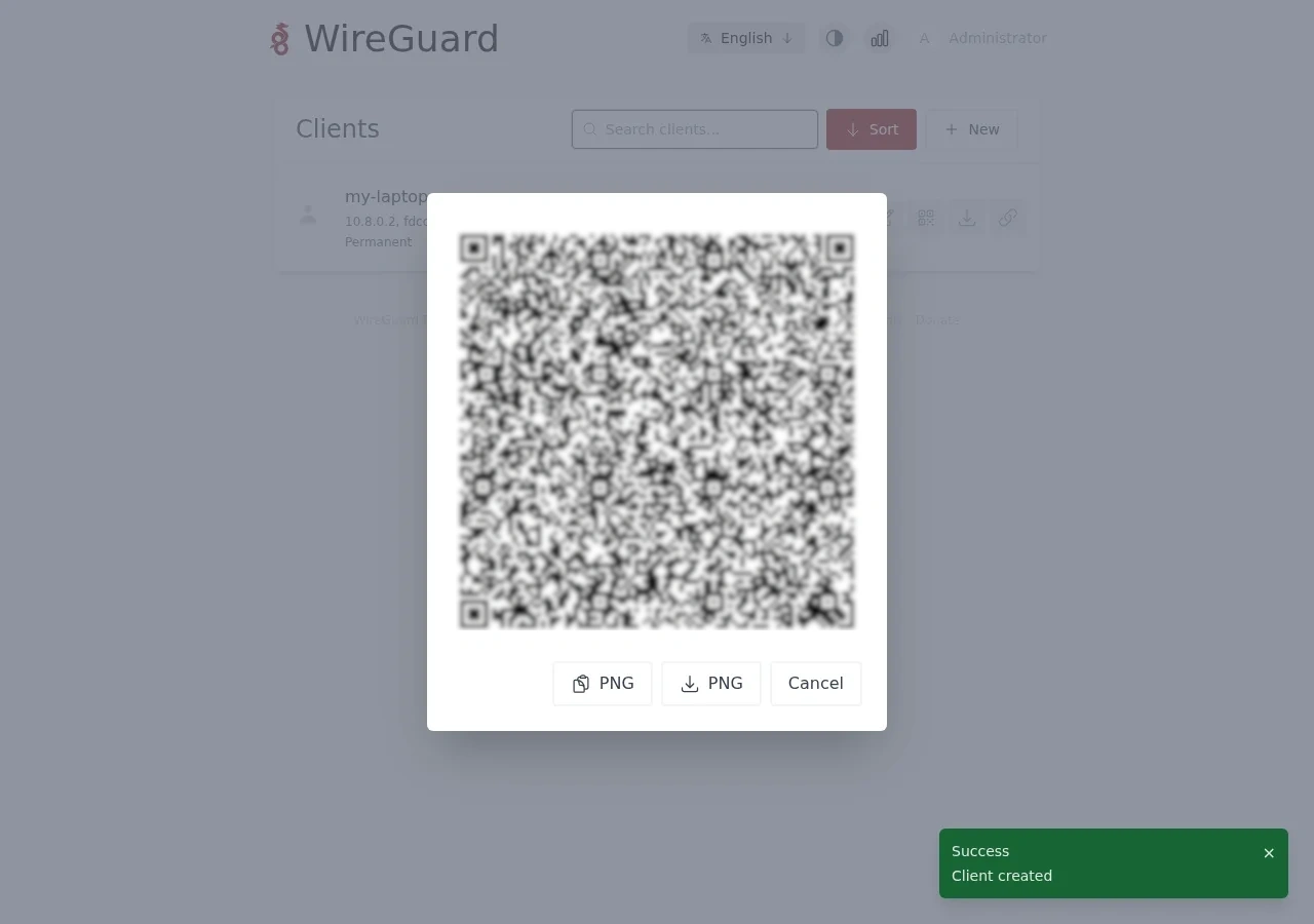 WireGuard client config shown as a QR code